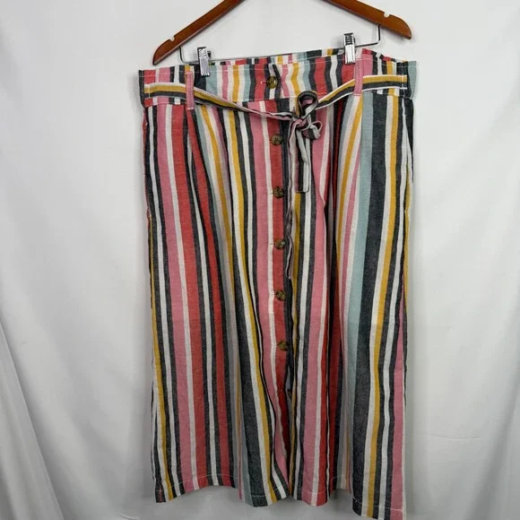 Dash Women XL Multi Color Striped Linen Blend Button Front Tie Waist Midi Skirt - Picture 4 of 8
